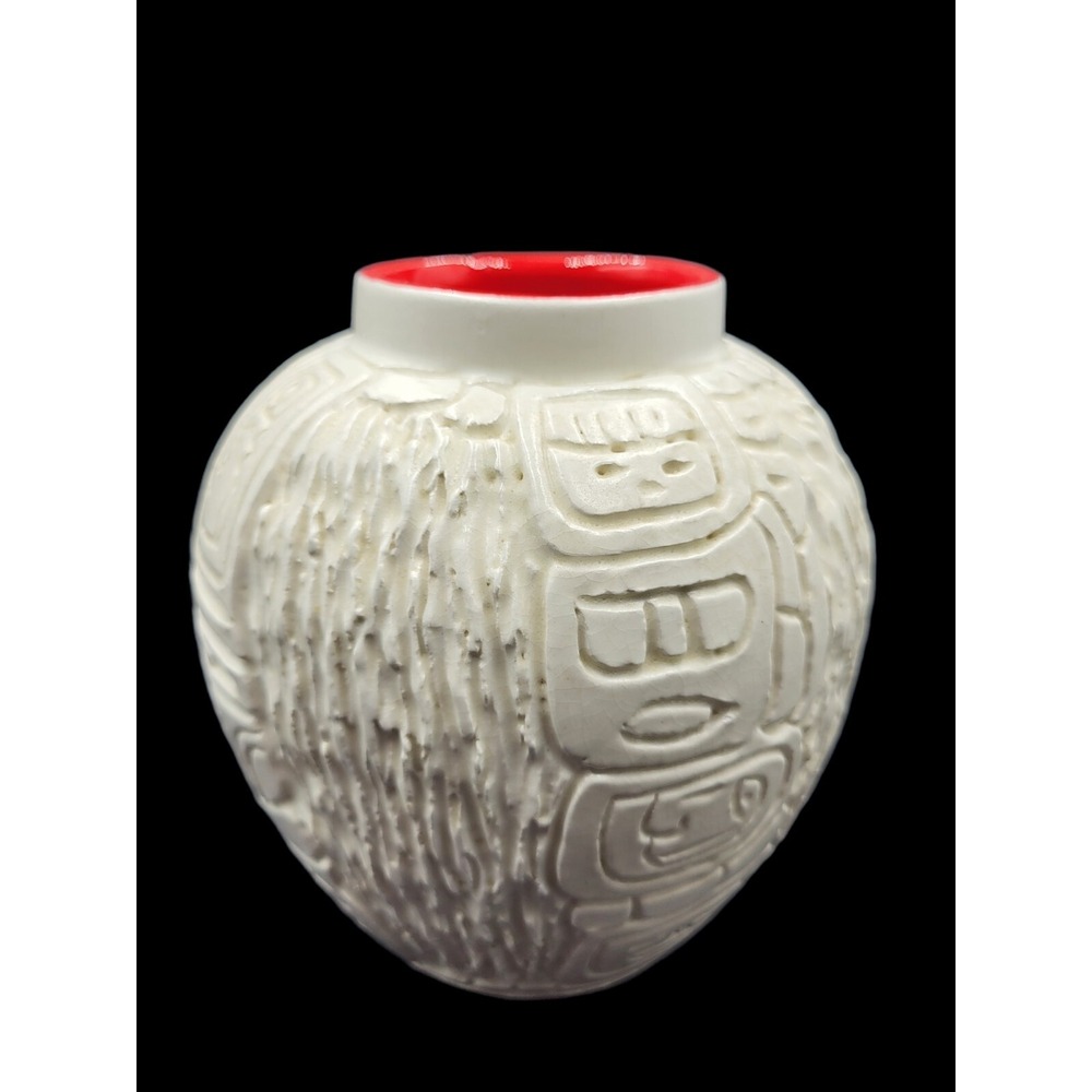Carved Signed Ceramic Pottery Mayan Aztec Vase Planter Red Glazed Interior 6"
